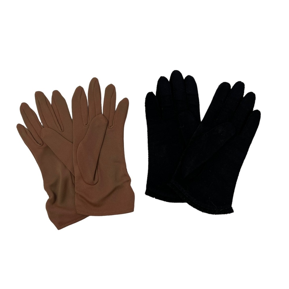 Womens‎ Vintage Gloves Two Pair Brown Nylon and Black Cotton Size 6 1/2